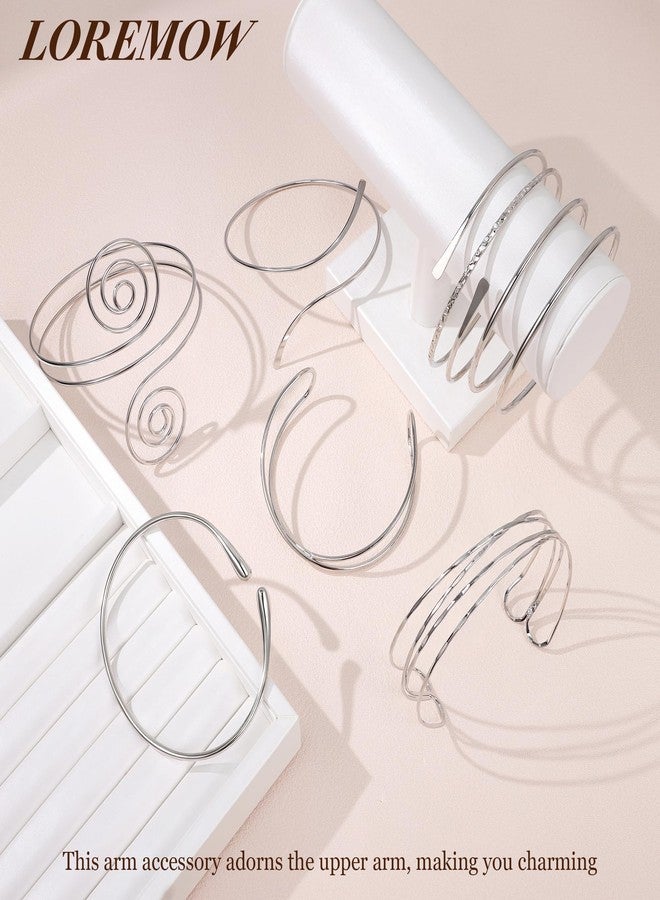 LOREMOW 7Pcs Upper Arm Cuff for Women Gold Silver Open Arm Cuff Bracelets Adjustable Armlet Armband Minimalist Coil Swirl Arm Cuff Bracelet Jewelry Silver B - Image 4